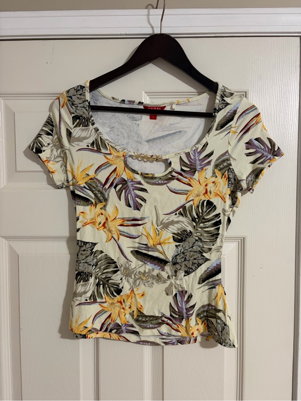GUESS - Floral Scoop Neck Ribbed Tee - Cream with Yellow & Green